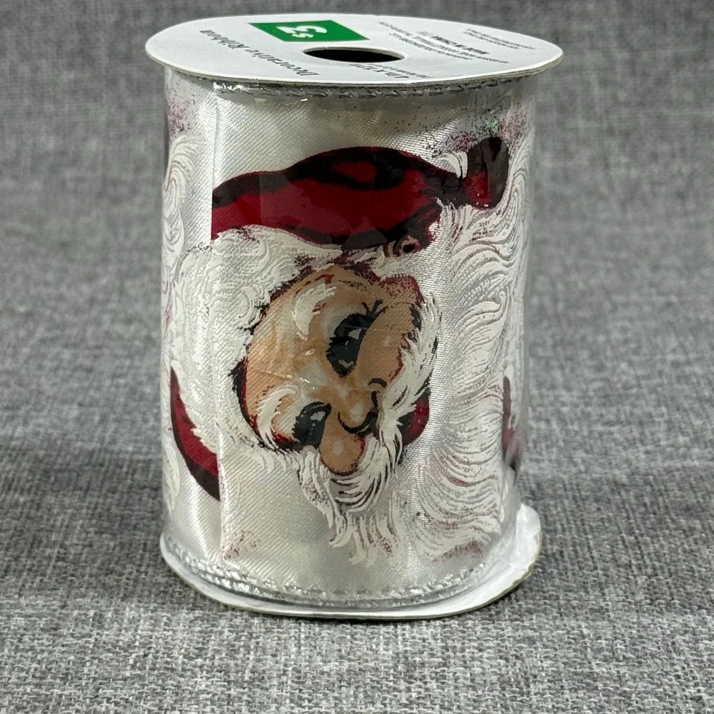 Santa Claus Wired Ribbon Silver Metallic Edge 4in x 12ft New Kitsch Christmas